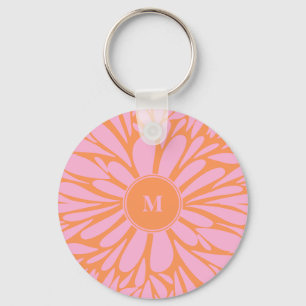 Abstract monogram floral burst pastel oranje roze sleutelhanger