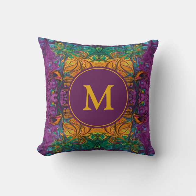 Abstract MONOGRAM Geel Groen Paars Kussen (Voorkant)