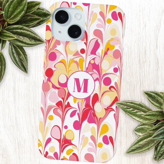 Abstract monogram patroon roze marmer retro iPhone 15 case