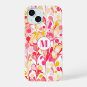 Abstract monogram patroon roze marmer retro iPhone 15 case (Achterkant)