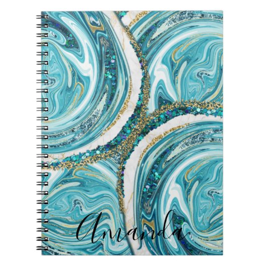 Abstract monogram Turquoise Blue en Gold Marble Notitieboek (Voorkant)