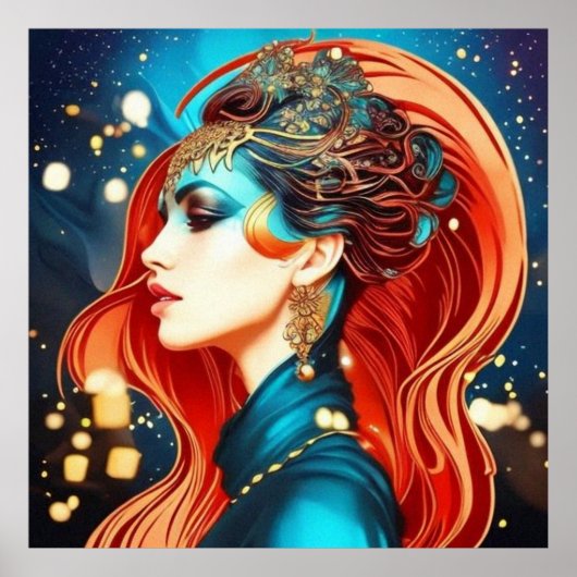  abstract mooi blauwgroen rood vrouw 3 poster (Voorkant)