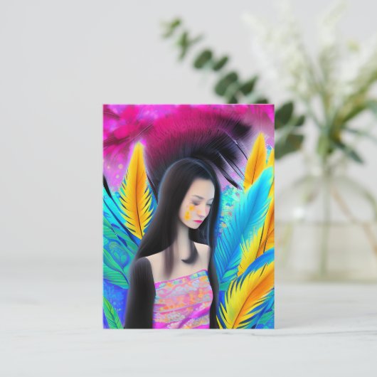 Abstract mooi maar triest aziatisch meisje kleurri briefkaart (Staand voorkant)