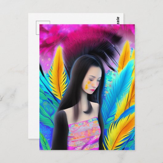 Abstract mooi maar triest aziatisch meisje kleurri briefkaart (Voorkant / Achterkant)