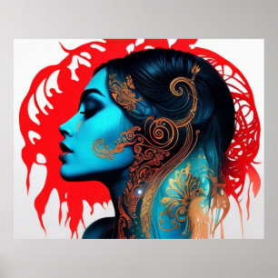  abstract mooie blauwgroen gouden vrouw 2 poster