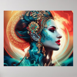  abstract mooie blauwgroen rode gouden vrouw 1 poster