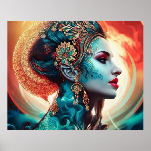  abstract mooie blauwgroen rode gouden vrouw 1 poster (Voorkant)