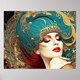  abstract mooie blauwgroen rode gouden vrouw 7 poster