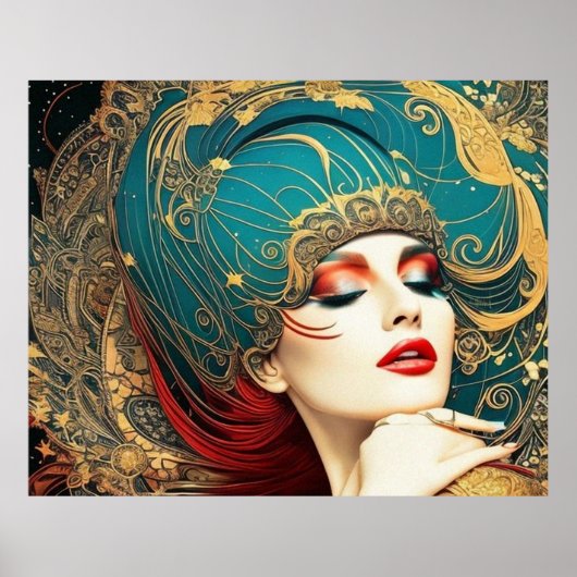  abstract mooie blauwgroen rode gouden vrouw 7 poster (Voorkant)