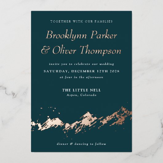 Abstract Mountain Roos Goud op Blauwgroen bruiloft Folie Uitnodiging (Voorkant)