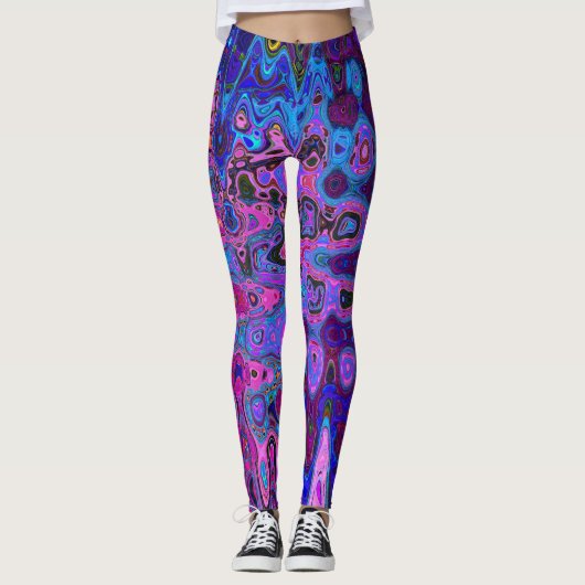 Abstract Mozaïek Roze en Blauw Wavy Retro Leggings (Voorkant)