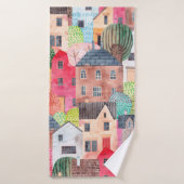 Abstract naadloos patroon met huizen. Waterverf Badhanddoek