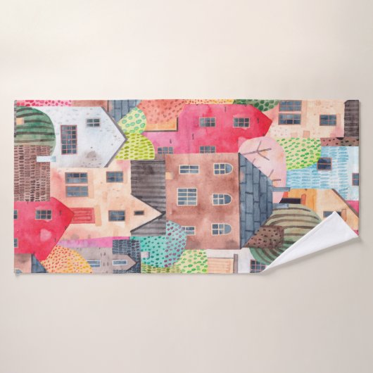 Abstract naadloos patroon met huizen. Waterverf Badhanddoek