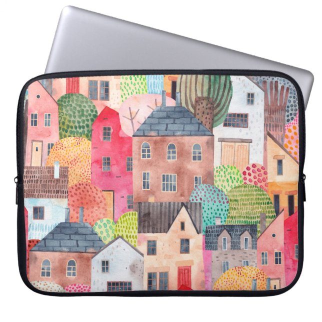 Abstract naadloos patroon met huizen. Waterverf Laptop Sleeve (Voorkant)