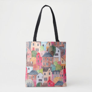 Abstract naadloos patroon met huizen. Waterverf Tote Bag