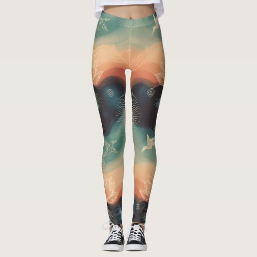 Abstract Nature: Minimalist Lotus & Bird Design Leggings (Voorkant)