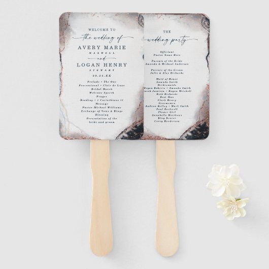 Abstract Navy & Roos Gold huwelijksceremonie progr Handwaaier (Voorkant en achterkant)