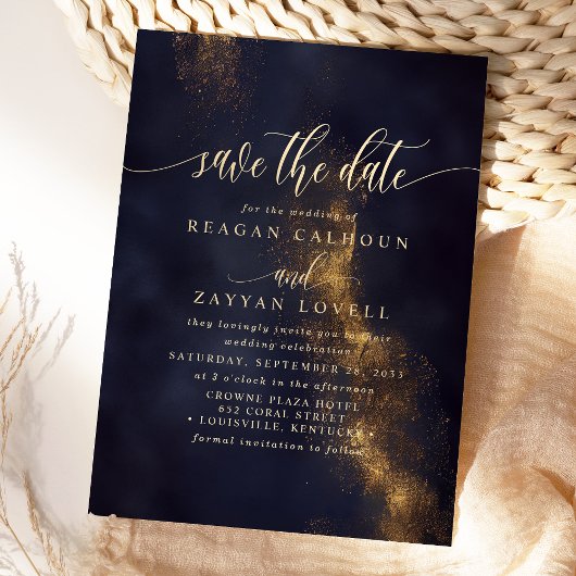 Abstract Navyblauw en Goud Modern 'Save The Date' Kaart