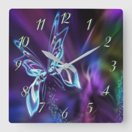 Abstract Neon Blue Purple Butterfly Fractal Art Vierkante Klok