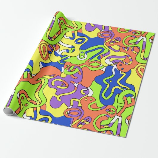 Abstract Neon Doodle Maze Patroon Cadeaupapier (Uitgerold)
