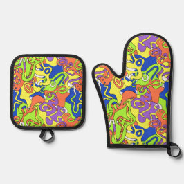 Abstract Neon Doodle Maze Patroon Ovenwant & Pannenlap Set