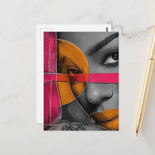 Abstract Neon Gezicht Dames Mixed Media Collage Briefkaart (Voorkant / Achterkant in situ)
