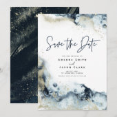 Abstract Nepfake Goud Navy Waterverf Save the Date Kaart (Voorkant / Achterkant)