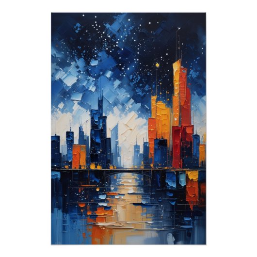 Abstract Night Skyline Impasto Poster (Voorkant)