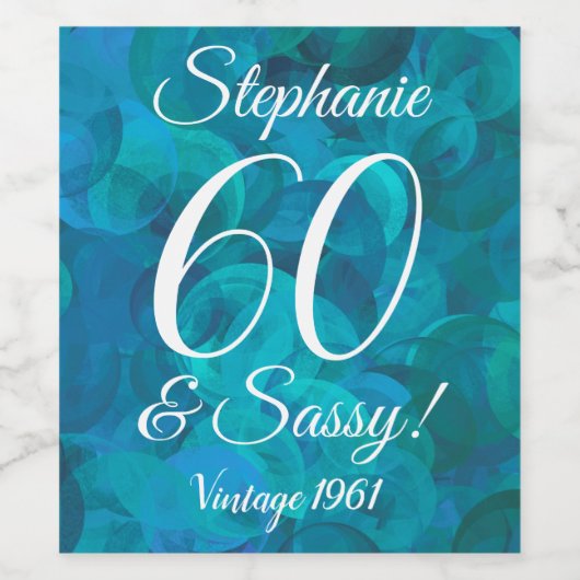 Abstract Ocean Blue Blauwgroen 60 en Sassy Birthda Wijn Etiket (Enkel label)