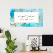 Abstract Ocean Blue Gold Watercolor Nails By Name Poster (Thuiskantoor)