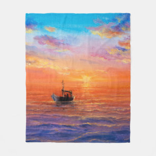 abstract olieverschilderen van vissersboten en zee fleece deken