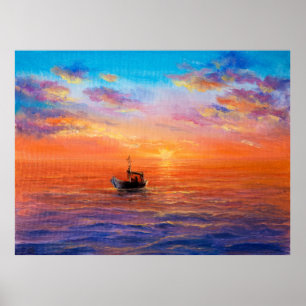 abstract olieverschilderen van vissersboten en zee poster