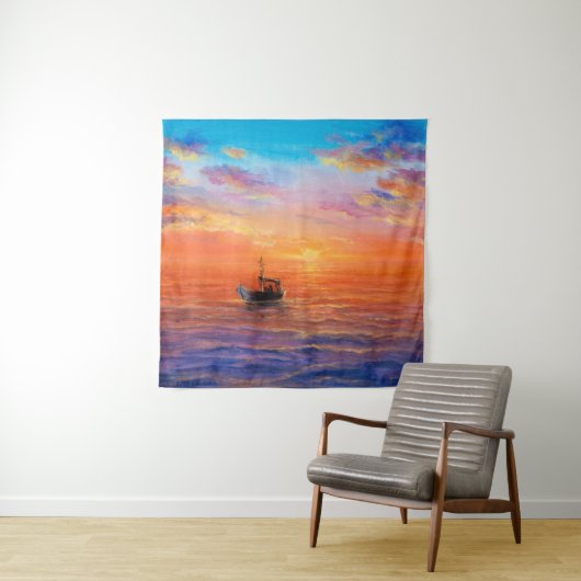 abstract olieverschilderen van vissersboten en zee wandkleed (In situ)