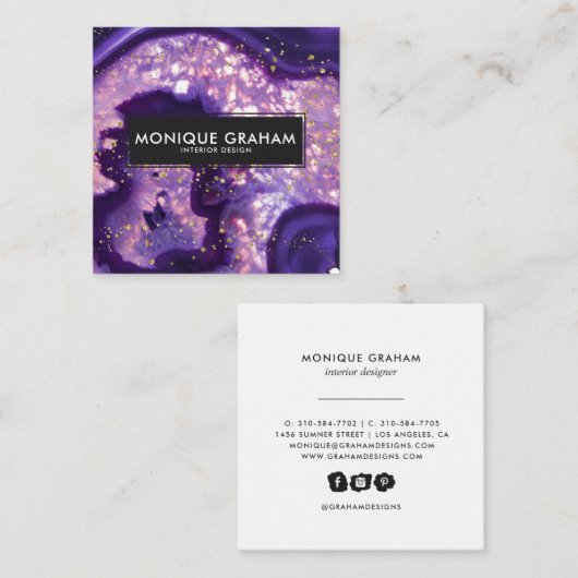 Abstract Paars agate Geode Stone Gold Splatter Vierkante Visitekaartje (Voorkant / Achterkant)