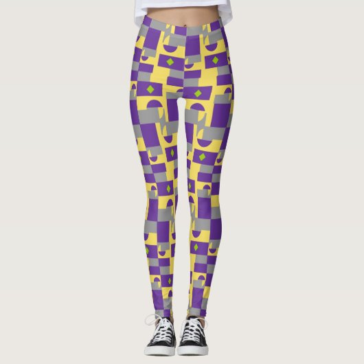 Abstract Paars geel patroon met halve cirkels Leggings (Voorkant)