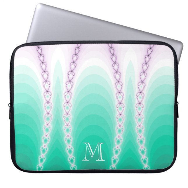 Abstract Paars Groen Gradiënt Fractal Monogram Laptop Sleeve (Voorkant)