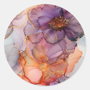 Abstract Paars Oranje Goud Marmer Alcoholinkt Ronde Sticker