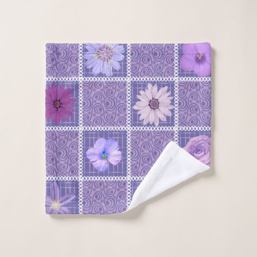 Abstract Paars patchwork Floral Quilting Squares Bad Handdoek (Wasdoekje)