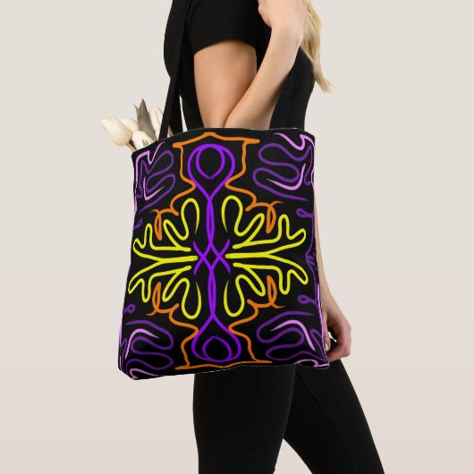 Abstract paarse, geel, oranje en roze ontwerp tote bag (Dichtbij)