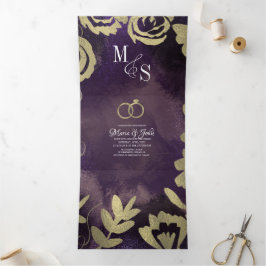 Abstract Paarse Zwarte Glam Gouden Rozen Bruiloft Drieluik Uitnodiging
