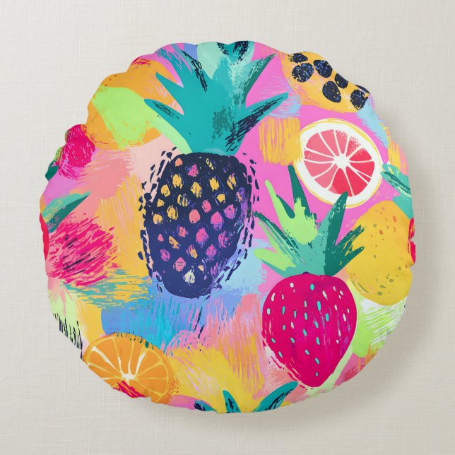 Abstract Paradijs Tropisch Fruit Fiesta Rond Kussen (Voorkant)