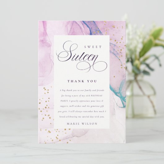 Abstract pasta Paars blauw Blauwgroen zoet 16 Birt Bedankkaart (Staand voorkant)