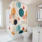 Abstract pastel beige sinaasappel rood groen stip douchegordijn (In situ)