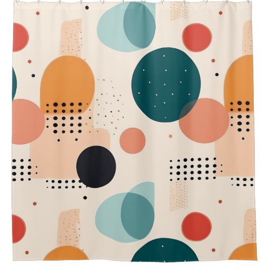 Abstract pastel beige sinaasappel rood groen stip douchegordijn (Voorkant)