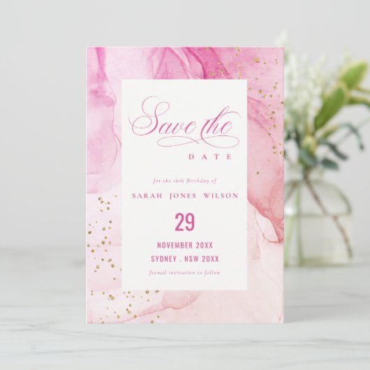 Abstract Pastel Waterverf Roze Paarse Verjaardag Save The Date (Staand voorkant)
