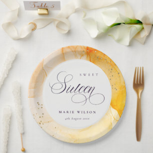 Abstract Pastel Yellow Oranje Sweet 16 Birthday Papieren Bordje