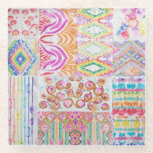 Abstract patchwork, waterverf tie kleurstofpatroon glazen onderzetter (Voorkant)