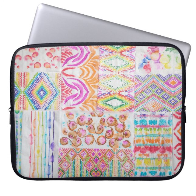 Abstract patchwork, waterverf tie kleurstofpatroon laptop sleeve (Voorkant)