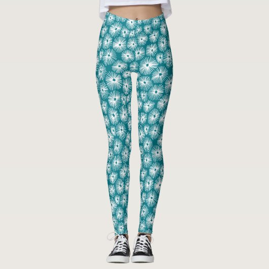 Abstract patroon 101115 - Wit op Dk Turquoise Leggings (Voorkant)