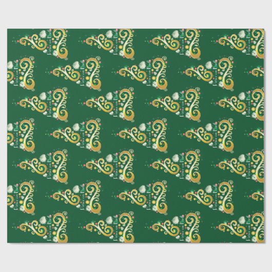 Abstract patroon met groene en gouden kerstbomen cadeaupapier (Vlak)